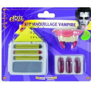 Kit maquillage vampire - dentier + Èponge + 3 caps. sang + fard gris + 3 crayons
