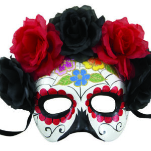 Loup adulte papier machÈ - Day of the dead - noir et rouge avec fleurs