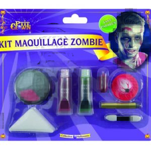 Kit maquillage zombie - úil+palette+caps. sang 1.1 gr+sang vert 1.3 ml+sang 1.3 ml+Èponge+appl.