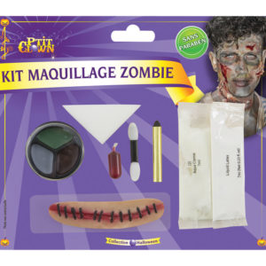 Kit maquillage zombie - cica.+latex+fard phospho+caps. sang+crayon nr+palette+Èp.+appli.