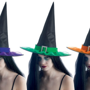 Chapeau sorciËre adulte - tissu noir avec ruban couleur - 3 assortis