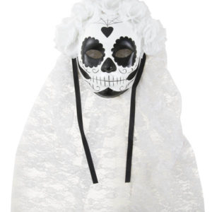 Masque adulte papier machÈ - Day of the dead - noir et blanc avec voilette