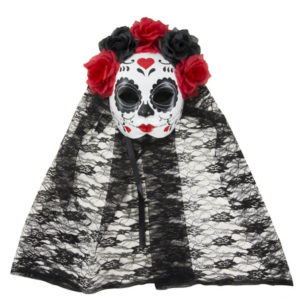 Masque adulte papier machÈ - Day of the dead - noir et rouge avec voilette
