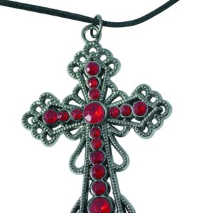 Collier croix gothique avec fausses pierres rouges et cordon - mÈtal - h. 5 cm