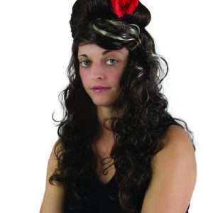 Perruque AMY - brune avec mËche blonde et fleur rouge