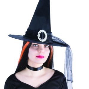 Chapeau sorciËre adulte - tissu noir avec boucle argent et voilette