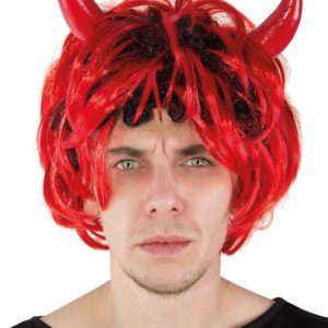 Perruque diable avec cornes - rouge et noir