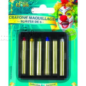Crayon maquillage - blister de 6 (1.6 gr) - rouge, jaune, vert, bleu, noir et blanc