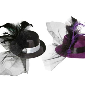 Mini chapeau HDF avec plumes et faux diamant avec barrette - assortis - 13 cm