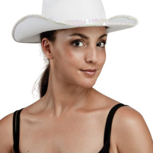 Chapeau feutre cow girl adulte - blanc avec sequins