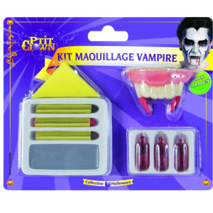 Kit maquillage vampire - dentier + Èponge + 3 caps. sang + fard gris + 3 crayons