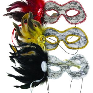 Loup plastique avec dentelle et plumes - 3 couleurs ass. (noir, or et rouge)