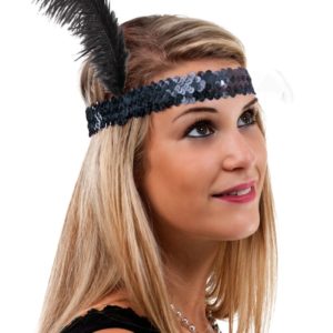 Bandeau charleston sequins avec plume - noir
