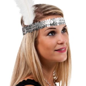 Bandeau charleston sequins avec plume - argent
