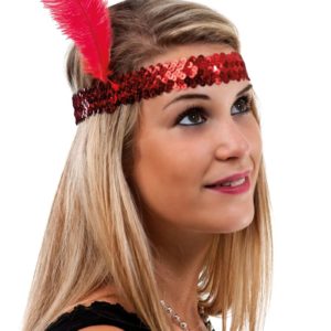 Bandeau charleston sequins avec plume - rouge