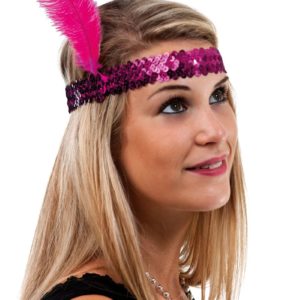 Bandeau charleston sequins avec plume - fuchsia