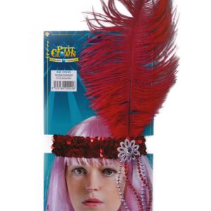 Bandeau charleston sequins avec plume, faux diamant et perles - rouge