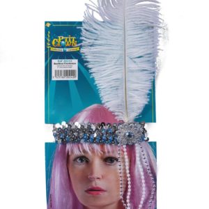 Bandeau charleston sequins avec plume, faux diamant et perles - argent