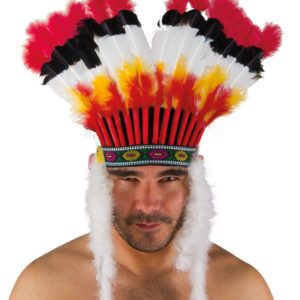 Coiffe indien rouge et jaune avec marabouts