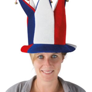 Chapeau velours fou du roi avec clochettes adulte - bleu, blanc et rouge