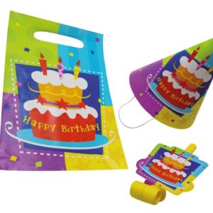 Sachet go˚ter "Happy Birthday" - 4 chapeaux, 4 sans gÍnes et 4 sachets plastique