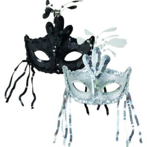 Loup tissu avec plumes et sequins - 2 couleurs assorties (noir et argent)