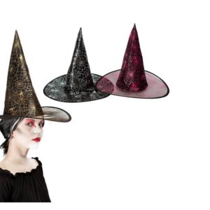 Chapeau sorciËre adulte - tissu "voile" noir impression toile araignÈe - 3 assortis