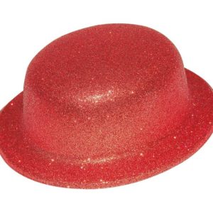 Chapeau plastique melon adulte - bords arrondis - paillettes - rouge