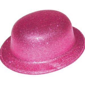 Chapeau plastique melon adulte - bords arrondis - paillettes - rose