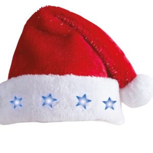 Bonnet de PËre NoÎl peluche rouge filaments argent - lumineux (piles incluses)