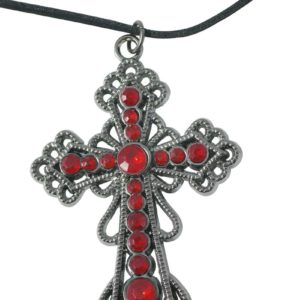 Collier croix gothique avec fausses pierres rouges et cordon - mÈtal - h. 5 cm