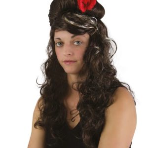 Perruque AMY - brune avec mËche blonde et fleur rouge