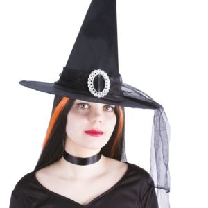 Chapeau sorciËre adulte - tissu noir avec boucle argent et voilette