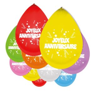 Ballon 10" - sachet de 10 - "joyeux anniversaire" -couleurs assorties