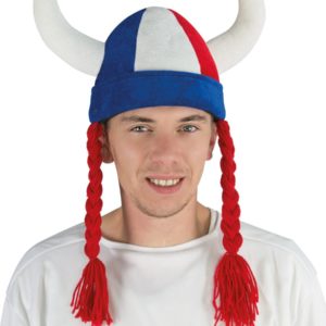 Chapeau velours viking avec tresses adulte - bleu, blanc et rouge