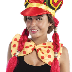 Casquette de clown adulte - multicolore avec deux tresses rouges