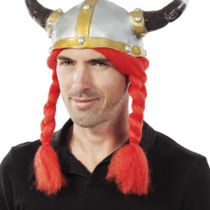 Casque de viking souple adulte - Cornes longues - tresses rouges
