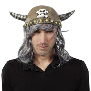 Casque de viking souple adulte - Cornes courtes tÍte de mort - Cheveux gris