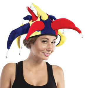 Chapeau velours fou du roi avec grelots pointes adulte - jaune, rouge et bleu