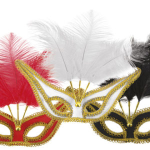 Loup tissu avec toupet en plumes - 3 couleurs assorties (noir, blanc et rouge)