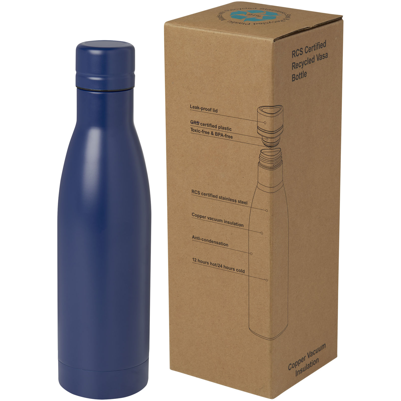 Bouteille isotherme Vasa en acier inoxydable recyclé certifié RCS de 500 ml avec isolation par le vide et couche de cuivre Bouteille isotherme Vasa en acier inoxydable recyclé certifié RCS de 500 ml avec isolation par le vide et couche de cuivre – vue 4