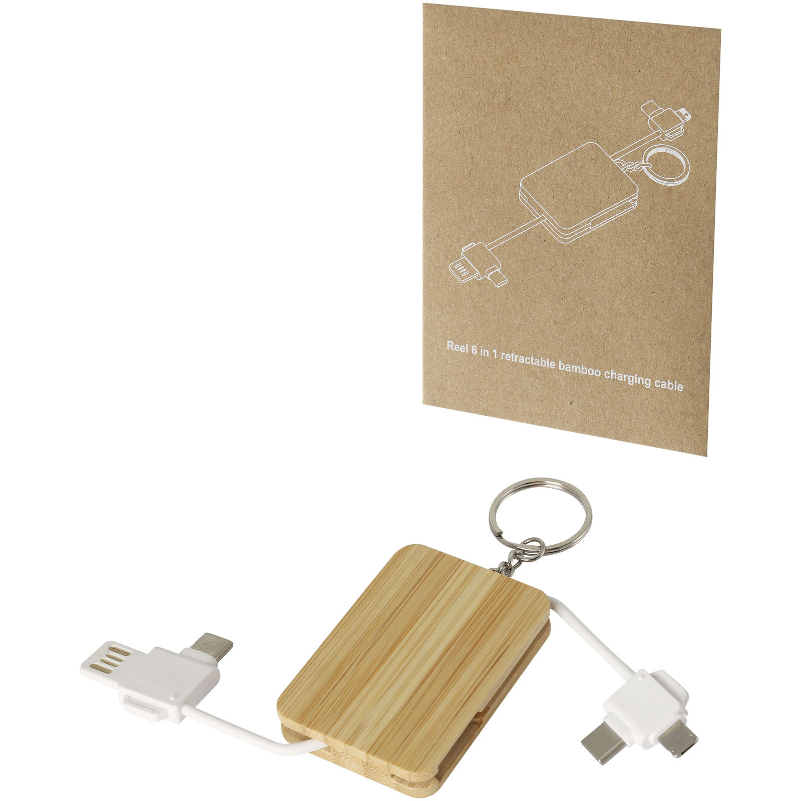 Câble de chargement Reel porte-clés en bambou rétractable 6-en-1 Câble de chargement Reel porte-clés en bambou rétractable 6-en-1 – vue 2