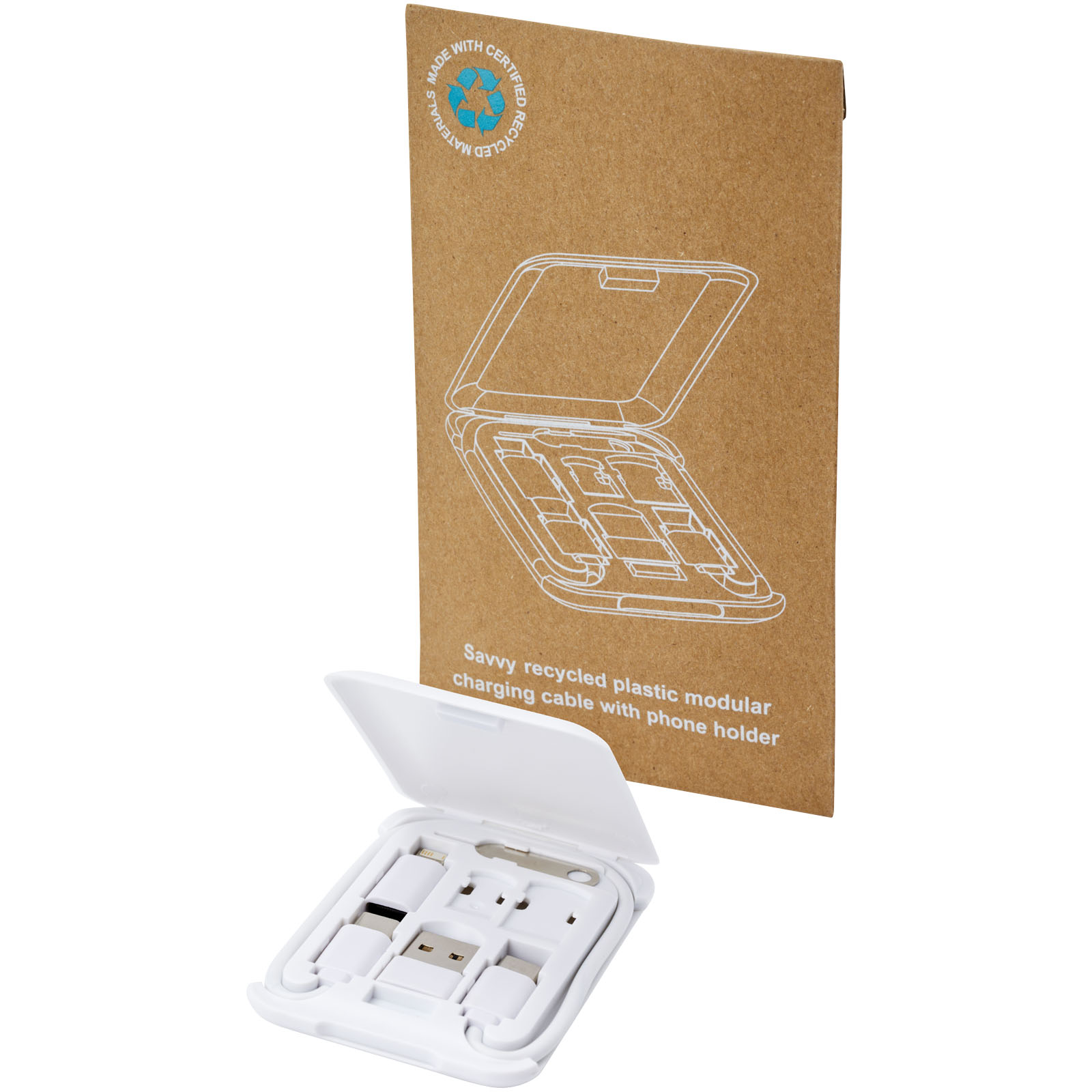 Câble de recharge modulaire en plastique recyclé Savvy avec support de téléphone Câble de recharge modulaire en plastique recyclé Savvy avec support de téléphone – vue 2