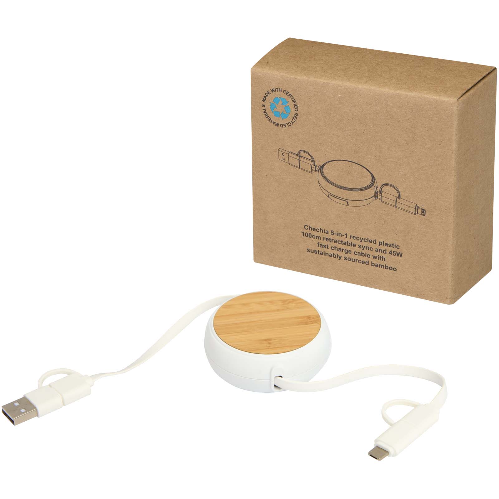 Câble rétractable 5 en 1 Chechia de 100 cm en plastique recyclé pour la synchronisation des données et la charge rapide de 45 Câble rétractable 5 en 1 Chechia de 100 cm en plastique recyclé pour la synchronisation des données et la charge rapide de 45