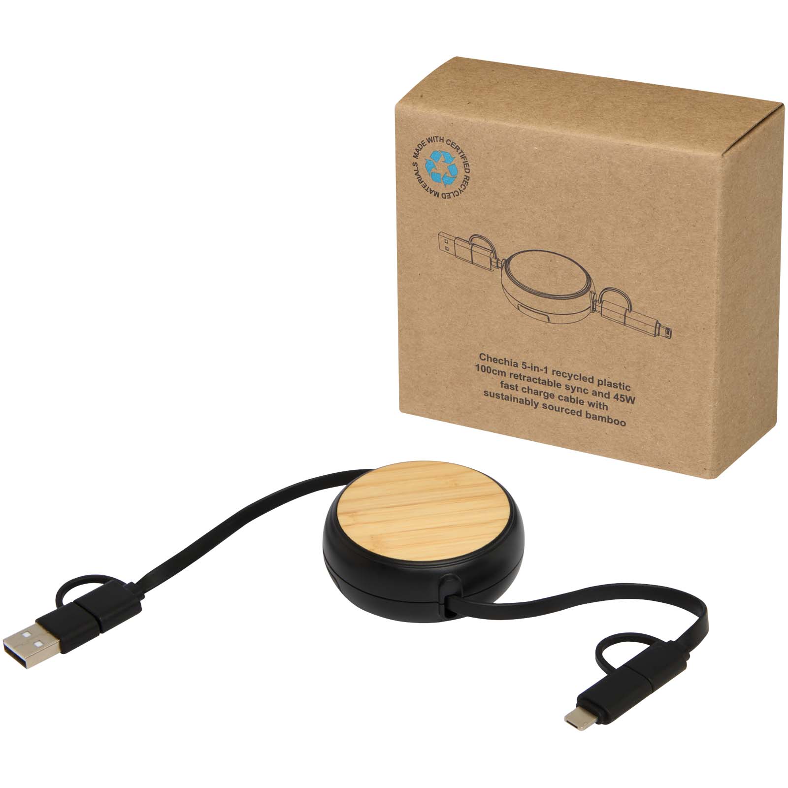 Câble rétractable 5 en 1 Chechia de 100 cm en plastique recyclé pour la synchronisation des données et la charge rapide de 45 Câble rétractable 5 en 1 Chechia de 100 cm en plastique recyclé pour la synchronisation des données et la charge rapide de 45 – vue 3