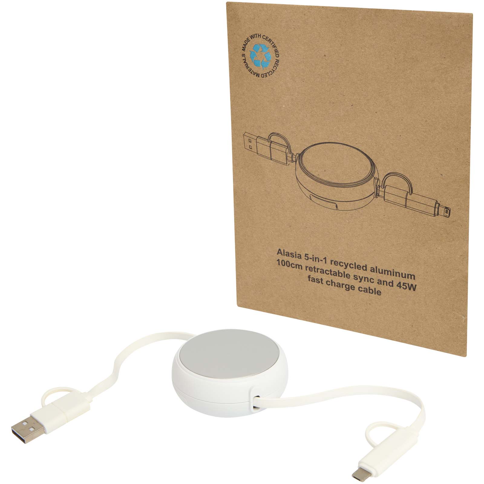 Câble rétractable 5 en 1 Alasia de 100 cm en plastique recyclé et aluminium pour la synchronisation des données et la charge Câble rétractable 5 en 1 Alasia de 100 cm en plastique recyclé et aluminium pour la synchronisation des données et la charge – vue 4