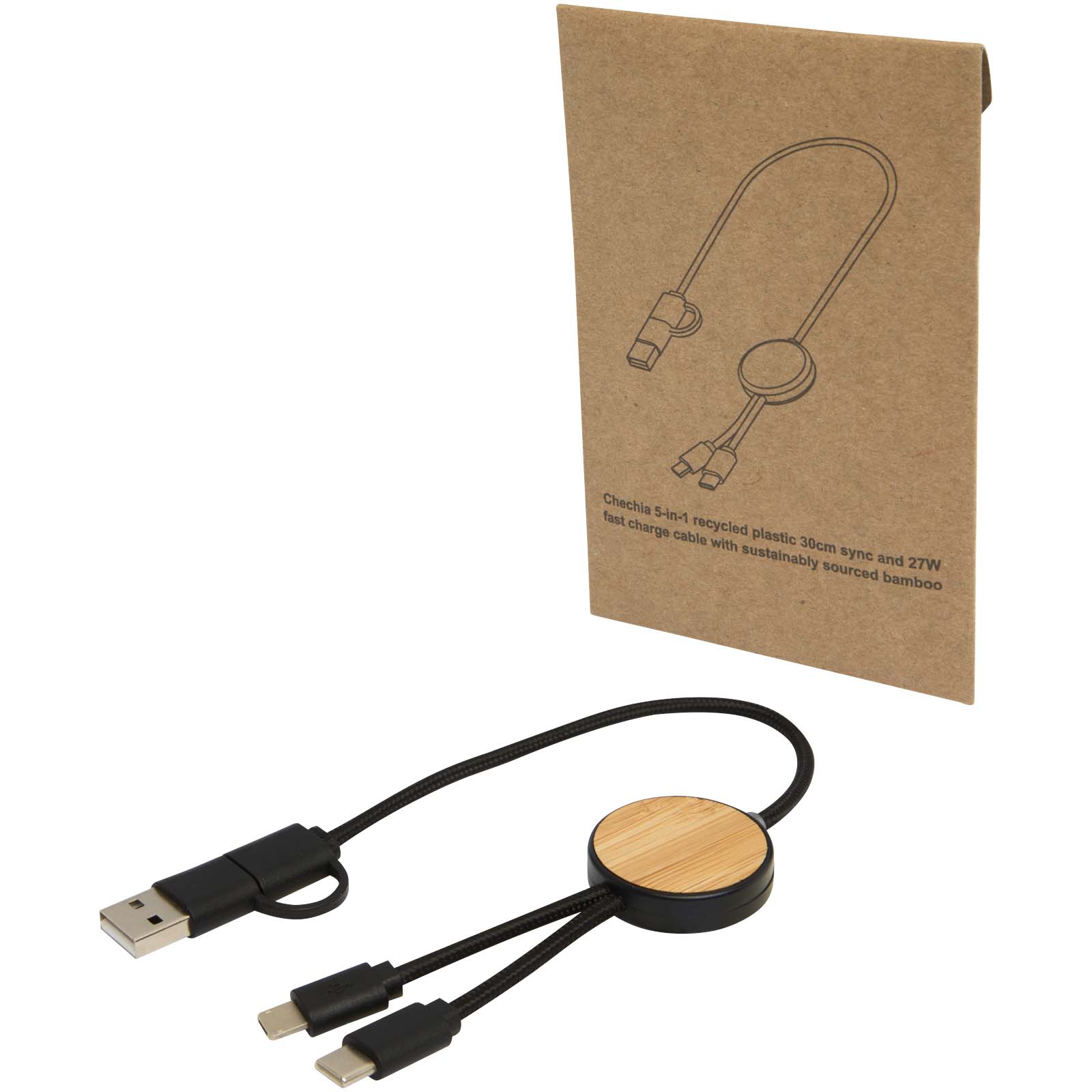 Câble 5 en 1 Chechia en plastique recyclé de 30 cm pour la synchronisation des données et la charge rapide de 27 W avec détai Câble 5 en 1 Chechia en plastique recyclé de 30 cm pour la synchronisation des données et la charge rapide de 27 W avec détai – vue 3