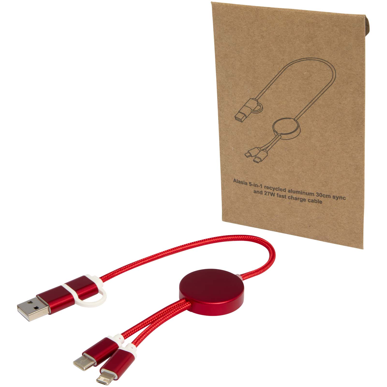 Câble 5 en 1 Alasia en aluminium et plastique recyclés de 30 cm pour la synchronisation des données et la charge rapide de 27 Câble 5 en 1 Alasia en aluminium et plastique recyclés de 30 cm pour la synchronisation des données et la charge rapide de 27