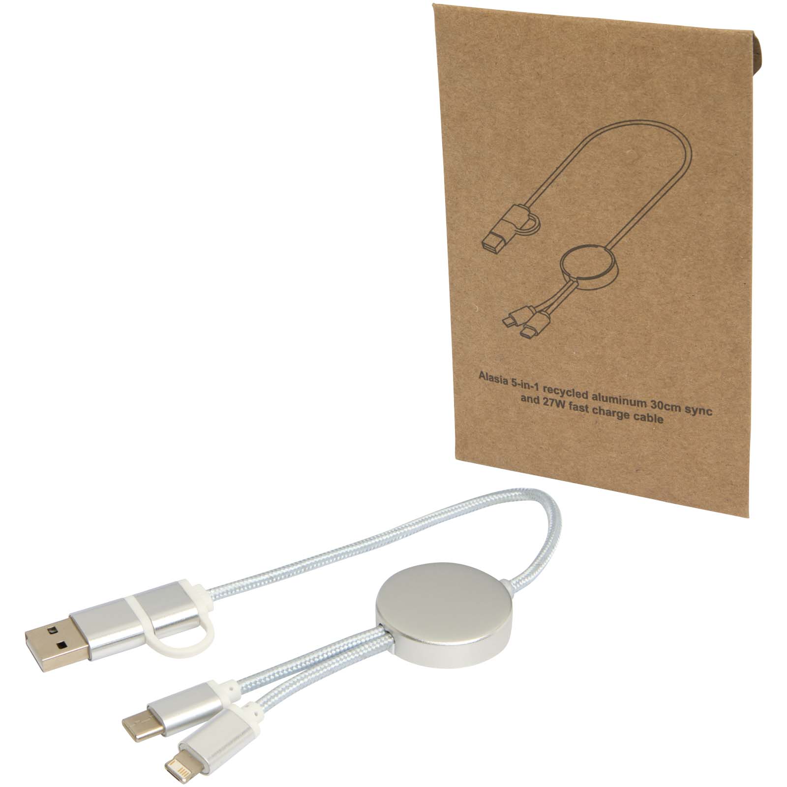 Câble 5 en 1 Alasia en aluminium et plastique recyclés de 30 cm pour la synchronisation des données et la charge rapide de 27 Câble 5 en 1 Alasia en aluminium et plastique recyclés de 30 cm pour la synchronisation des données et la charge rapide de 27 – vue 4