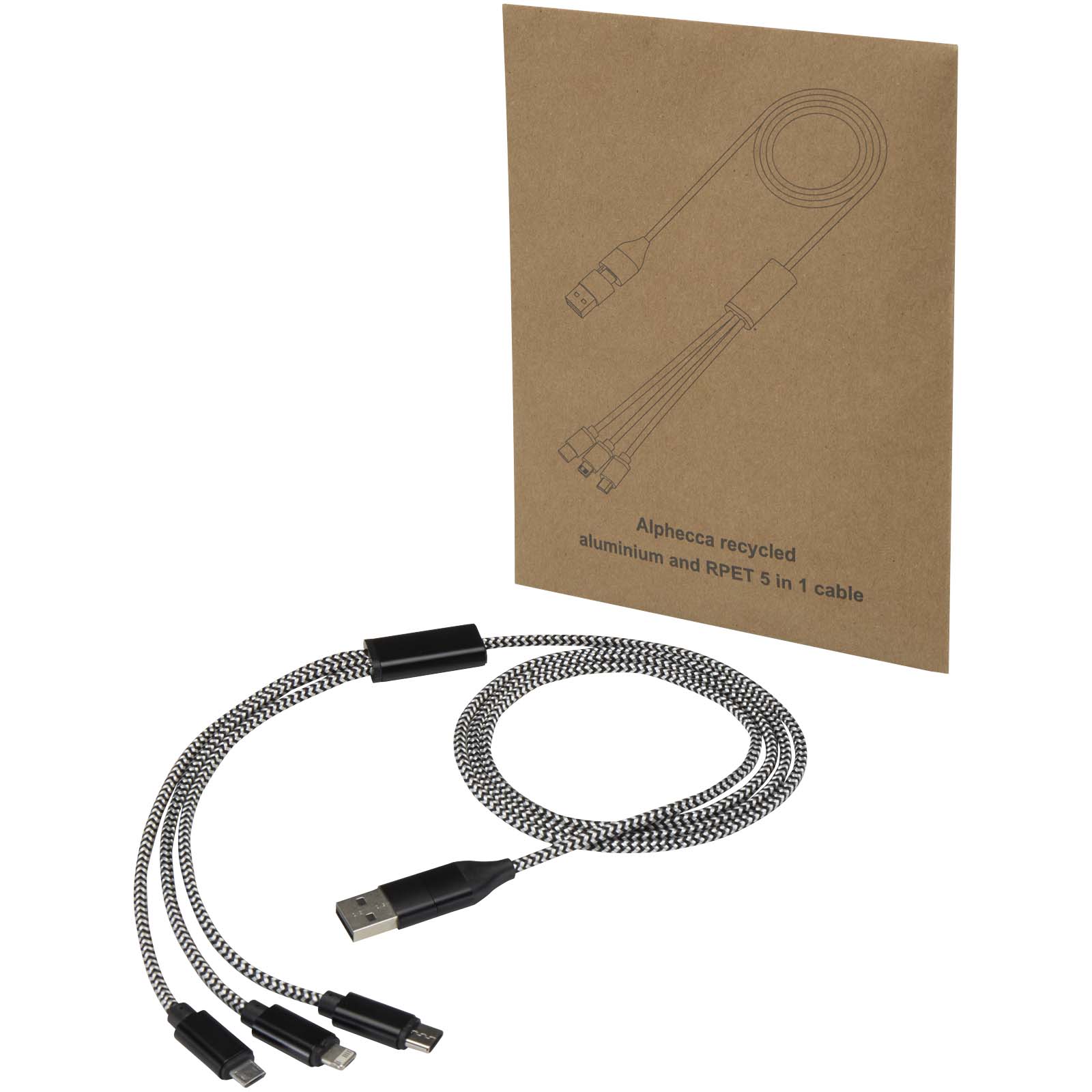 Câble de recharge 5-en-1 Alphecca en aluminium recyclé et RPET Câble de recharge 5-en-1 Alphecca en aluminium recyclé et RPET